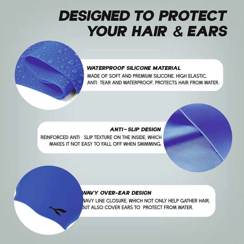 KONEX Waterproof Silicone Swimming Cap for Men & Women | Stretchable & Quick-Dry | Prevents Hair Pull & Chemical Damage | Ideal for Children & Adult (Blue) - Image 4